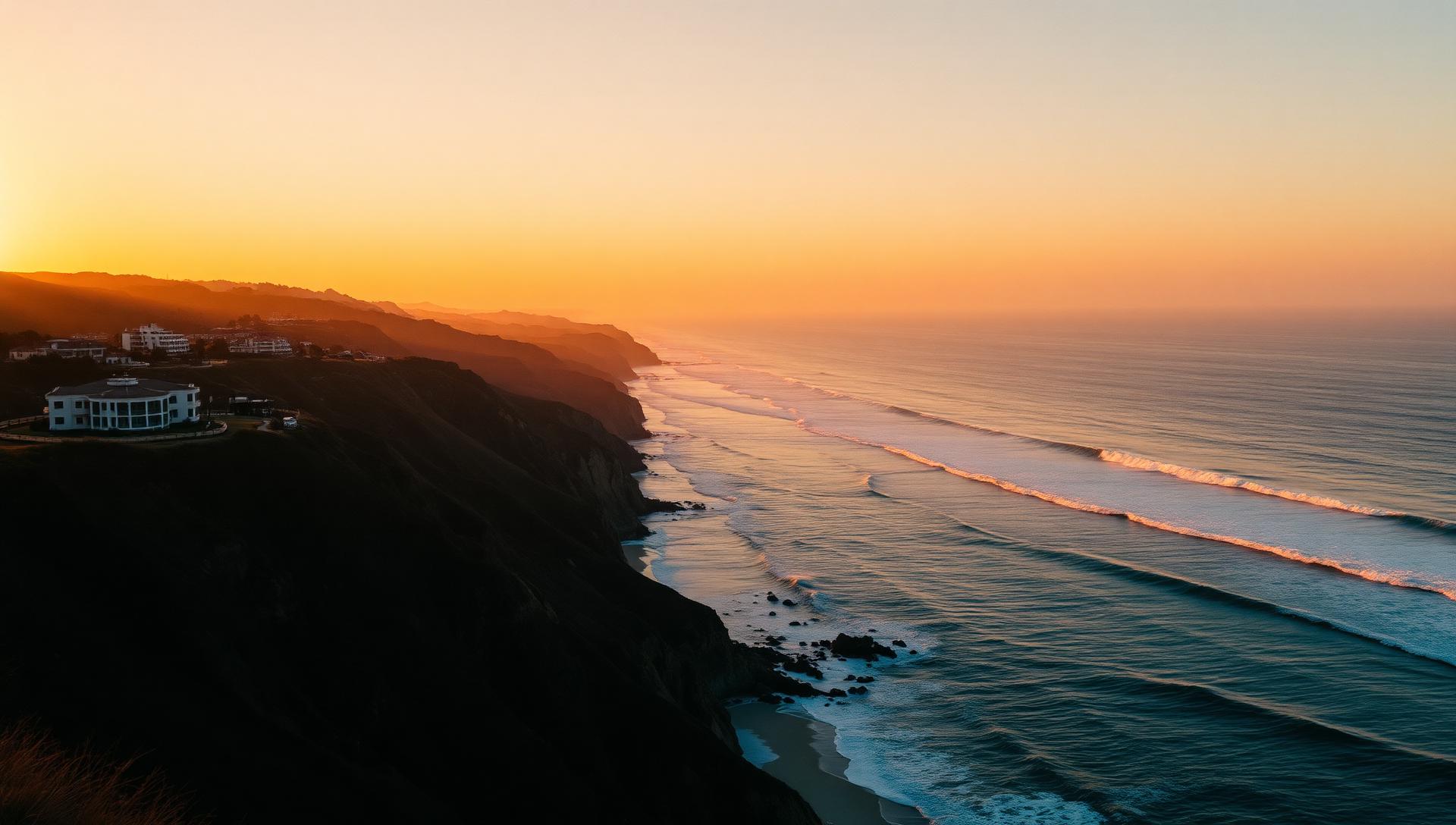Malibu coastline at golden hour, low ocean light